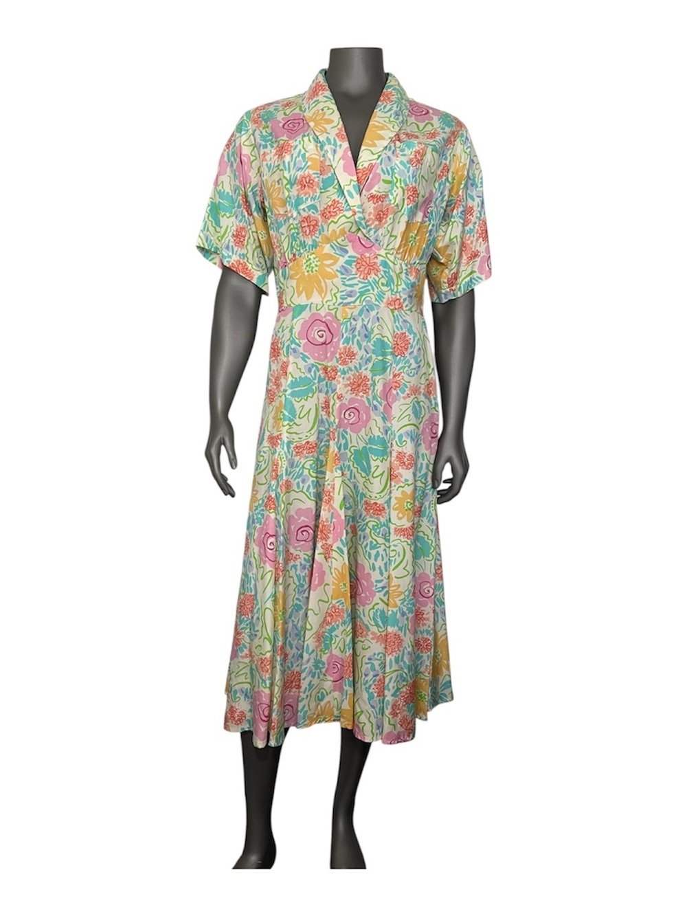Jerry Regenbogen Dress 14 100% Pure Silk White Midi Floral Watercolor 80’s 90’s